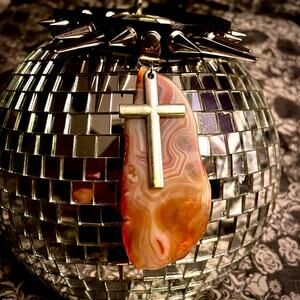 Spiked Faux Leather Collar Orange Agate & Cross
